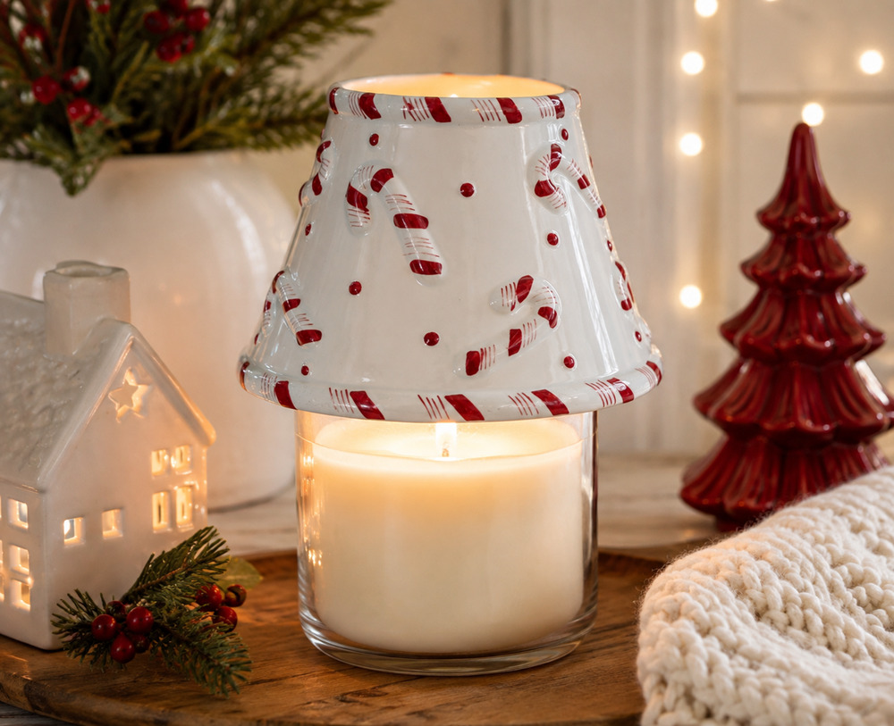 Vintage Yankee Candle Candy Cane Ceramic Jar Shade Christmas Red White